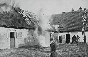 Artois Prints: French soldiers fight a fire started by German incendiary bombs, Artois, World War I, 1915