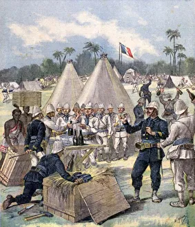 Present Prints: French soldiers opening New Years gift boxes in Dahomey, Africa, 1892. Artist: Henri Meyer