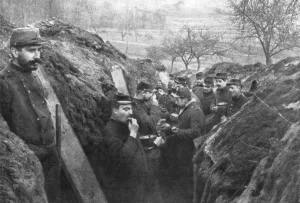 Ration Prints: French soldiers in the trenches eating their rations, France, 1915