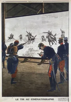 Halftone Gallery: French soldiers using film of a cavalry charge for rifle practice, 1912