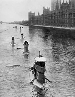 Submarine Prints: French submarine Saphir (Q44) and five others moving from Gravesend to London, July 1909