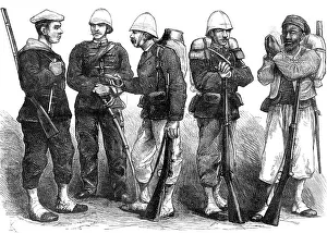 Pith Helmets Prints: French troops for Tonquin, 1883. Creator: Unknown
