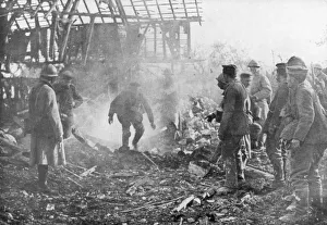 French troops using flamethrowers to flush out Germans from their shelters, Cantigny, France, 1918