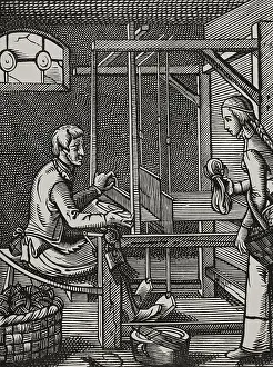 French weaver's workshop in the 16th century (1877). Creator: Jost Ammon.<br> French weaver's workshop in the 16th century (1877). Creator: Jost Ammon