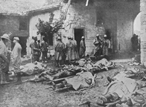 Stretcher Collection: French wounded being removed during an attack to a farm in the rear of the lines, 1915