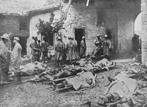 Stretcher Collection: French wounded being removed during an attack to a farm in the rear of the lines, 1915