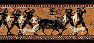 Wild Boar Prints: Detail of a frieze decorating a Greek black-figured column krater representing a group