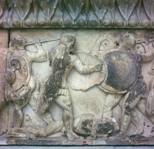 Detail of a frieze on the Treasury of the Siphnians, 6th century BC