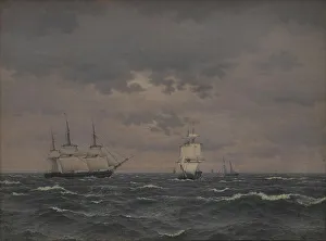 Eckersberg Cw Prints: A Frigate Reefing Sails in a Freshening Wind and some other Ships
