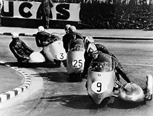 Sidecar Prints: Fritz Scheidegger, Walter Schneider and Helmut Fath competing in a sidecar race, 1959