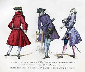 Images Dated 28th May 2009: Frock coat of 1729, bourgeois fashion in 1745, and ceremonial dress of 1750