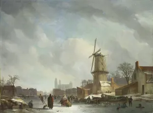 Skating Prints: Frolicking on a Frozen Canal in a Town, 1830-1837. Creator: Abraham Johannes Couwenberg