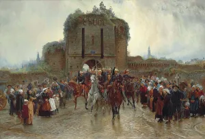 To the front: French cavalry leaving a Breton city on the declaration of war, 1888-1889. Creator: Thompson (Lady Butler), Elizabeth (1846-1933)
