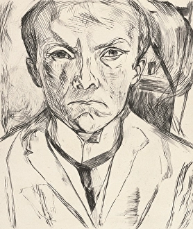 Unhappy Prints: Frontal Self-Portrait with House Gable in Background (Selbstbildnis von vorn)