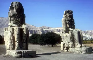 Frontal view of The Colossi of Memnon, Luxor West Bank, Egypt, c1400 BC Frontal view of The Colossi of Memnon, Luxor West Bank, Egypt, c1400 BC
