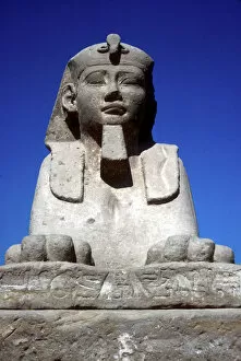 30th Dynasty Gallery: Frontal view of sphinx from the avenue of Sphinxes, Temple sacred to Amun Mut & Khons, Luxor, Egypt