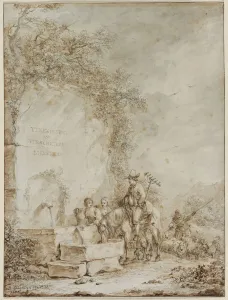 Dirk Langendijk Prints: Frontispiece for an Album of Drawings: Peasants at a Fountain (recto)... 1784. Creator