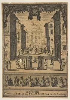 Frontispiece for the comedy The Buffoons (Li Buffoni), a set on stage resembling a p