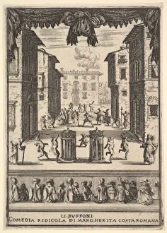 Frontispiece for the comedy The Buffoons (Li Buffoni), a set on stage resembling a pu