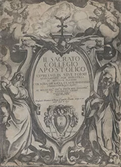Frontispiece with two figures holding scrolls and cherubs flanking the cartouche at cen