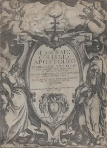 Raffaello Prints: Frontispiece with two figures holding scrolls and cherubs flanking the cartouche at cen