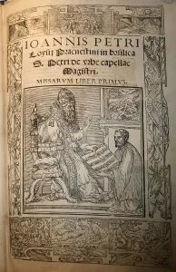 Palestrina Prints: Frontispiece of the Missarum Liber primus by Giovanni Pierluigi da Palestrina (Palestrina and Pope J Artist: Anonymous)