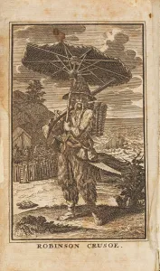 Umbrella Prints: Frontispiece, Robinson Crusoe by Daniel Defoe, 1721. Creator: Picart, Bernard (1673-1733)