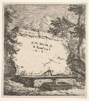 Frontispiece with stepped fountain; a stone wall with water spout pouring water into a