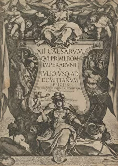 Frontispiece with a trumpeter sounding trumpets seated on top of a cartouche flanked by