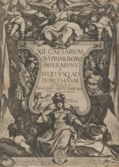 Raffaello Prints: Frontispiece with a trumpeter sounding trumpets seated on top of a cartouche flanked by