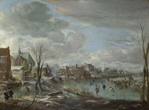 Aert Gallery: A Frozen River near a Village, with Golfers and Skaters, c. 1647-1648