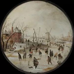 Winter Scene Gallery: Frozen River with Skaters. Artist: Avercamp, Hendrick (1585-1634)