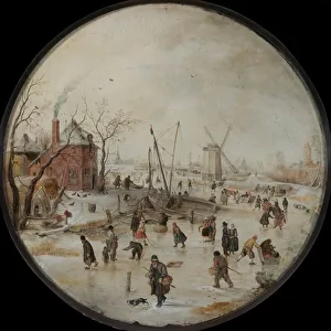Winter Scene Gallery: Frozen River with Skaters. Artist: Avercamp, Hendrick (1585-1634)