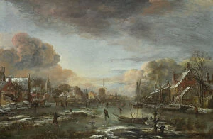 Aert Gallery: A Frozen River by a Town at Evening, ca 1665. Artist: Neer, Aert, van der (1603-1677)