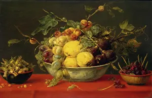 1640 Prints: Fruit in a Bowl on a Red Cloth, 1640. Creator: Frans Snyders