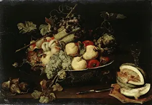 Cookery Prints: Fruit in a Bowl and a Sliced Melon, 1650. Creator: Frans Snyders
