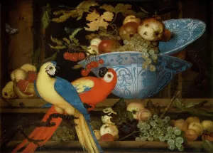 Parrots Prints: Fruit Still Life with Two Parrots, 1623. Creator: Balthasar van der Ast
