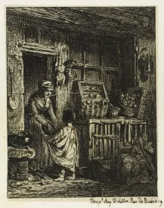 Greengrocer Prints: The Fruit Merchant and the Child, 1844. Creator: Charles Emile Jacque