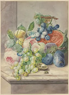 Roses Prints: Fruit scene with a cut melon and two roses