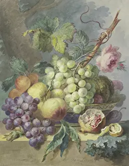1800s Prints: Fruit scene with grapes, peaches, etc, including a rose, 1801. Creator: Willem van Leen