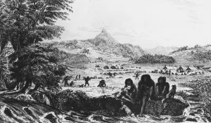 Theory Of Evolution Prints: Fuegians at Woollya, with the Fitzroy expeditions camp in the background, 1831 (1839)