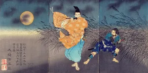 Flute Player Prints: Fujiwara no Yasumasa Playing the Flute by Moonlight, 1883. Creator: Tsukioka Yoshitoshi