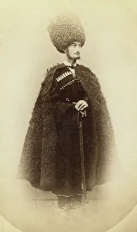 Caucasus Asia Prints: Full-length portrait of a man in cape and sheep skin hat