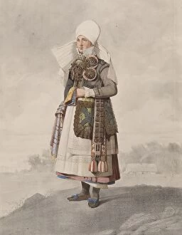 Accessory Collection: Full-length woman in costume with landscape in the background, 1810-1857. Creator: Otto Wallgren