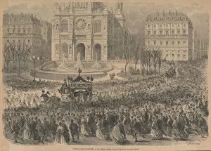 Blanchard Collection: The funeral of Gioacchino Rossini. The funeral procession leaves the church, 1868