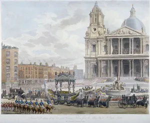 Augustus Charles Prints: Funeral procession of Lord Nelson outside St Pauls Cathedral, City of London, 1806