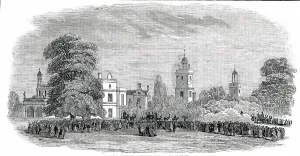 Sir Robert Peel 2nd Baronet Prints: The Funeral Procession (of Sir Robert Peel) passing Drayton Manor, 1850. Creator: Unknown