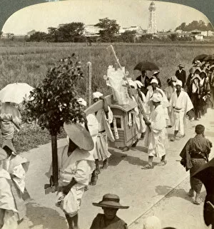 Images Dated 17th July 2008: Funeral procession of a rich Buddhist, on the road to Sakai, looking towards Osaka, Japan