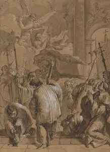 Pall Bearer Prints: Funeral Procession of a Saint with Angels, 18th century. Creator: Francesco Fontebasso