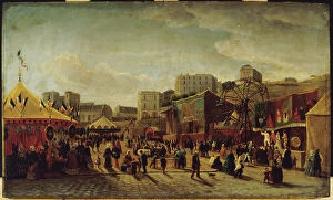 Fairground Ride Collection: Funfair, place Saint-Pierre, Montmartre, in 1861. Creator: Edouard Hubert